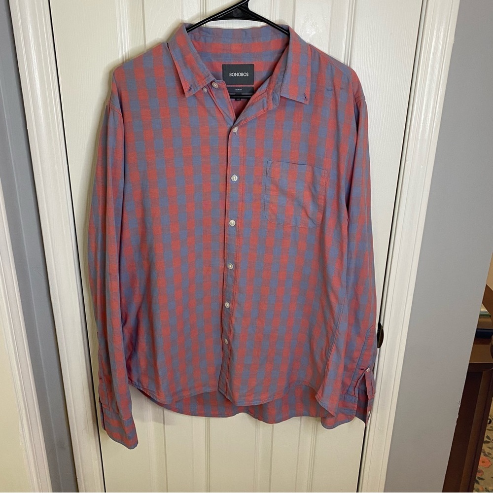 Bonobos Casual Red and Blue Plaid Shirt Preppy Work Business Casual